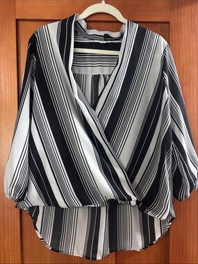 New York & Company Black and White Striped Wrap Blouse